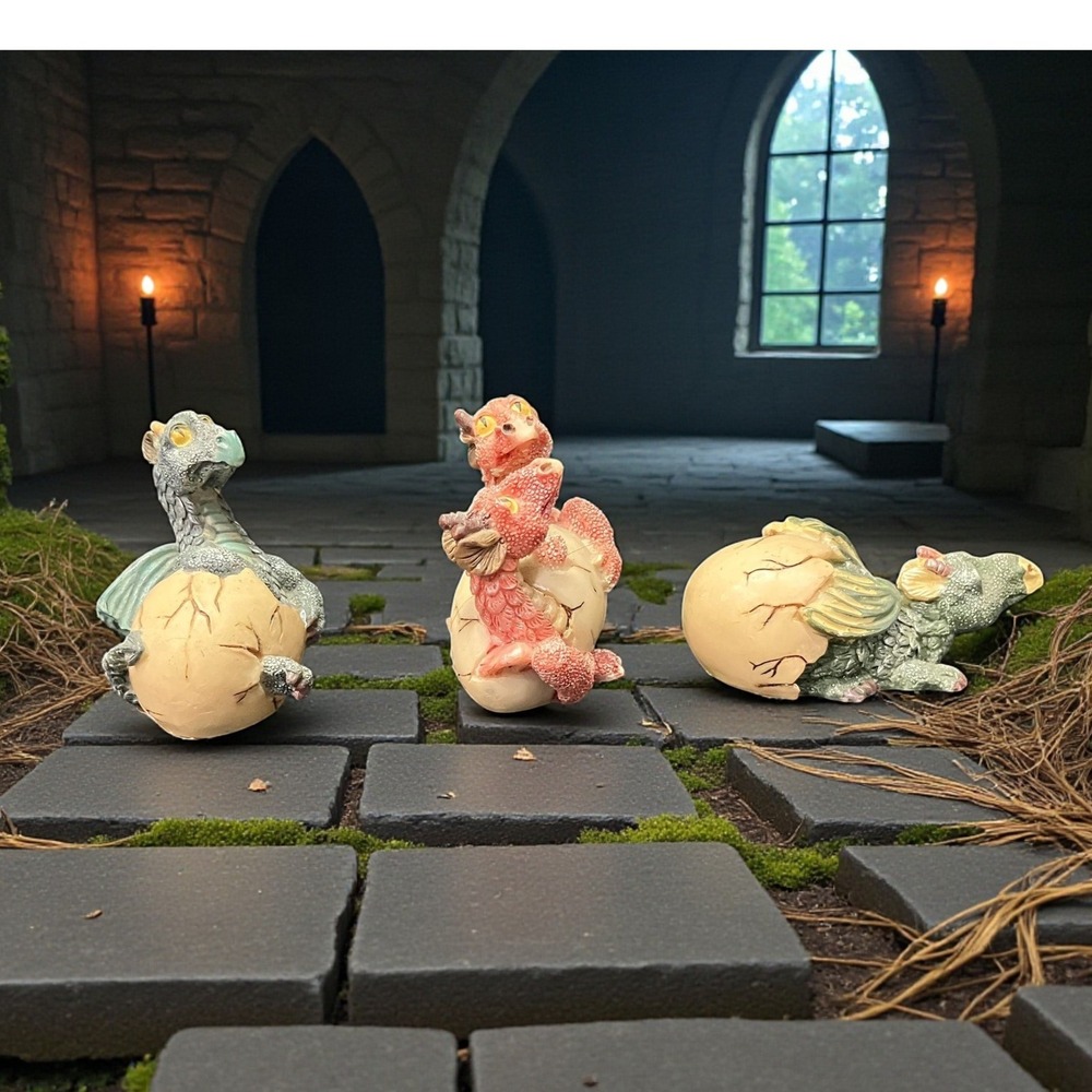 Miniature Hatching‎ Dragons Figurines, Set of 3, Hatchling Egg Statues Decor